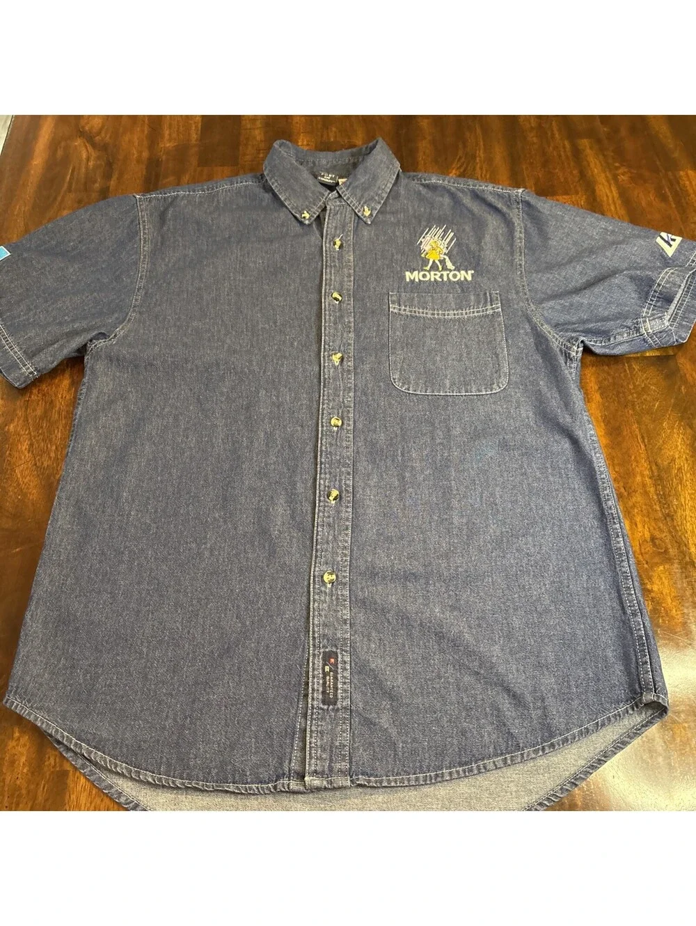 Vintage Morton Salt Embroidered Jean Shirt Size Medium Button Down Shirt Blue
